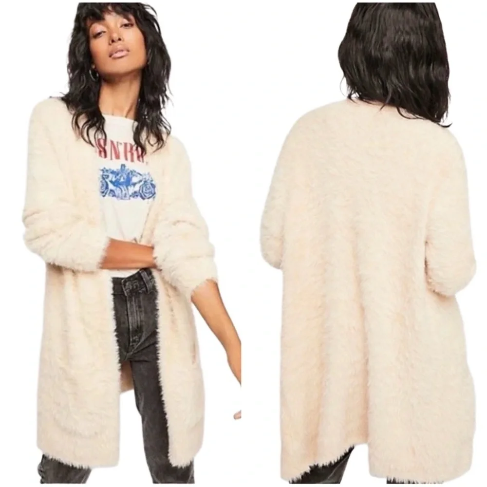 Free People Sand Beige Eyelash Faux Fur Open Front Cardigan Size Small